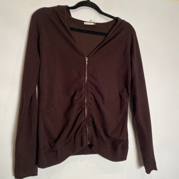 Vintage Brown Y2K PERFECT BASIC Scrunchy Ruched Zip Up HOODIE Cardigan! M to L - Picture 13 of 14
